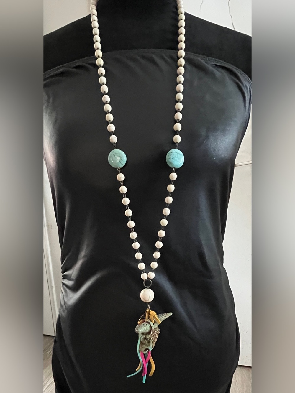 Boho Western Bull Skull Turquoise Howlite 44” Long Statement Necklace